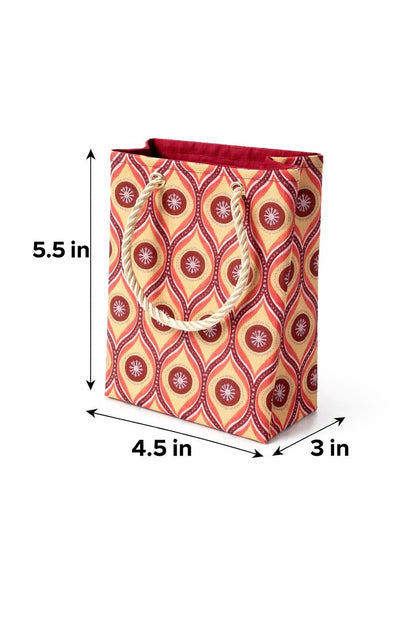 Maroon, red, purple, beige, & silver mini gift bag with abstract design 5.5H in x 4.5W in x 3D in dimensions shown on a white background