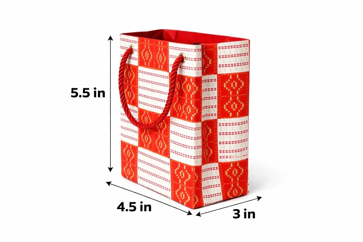 White, red, & gold mini gift bag with abstract design 5.5H in x 4.5W in x 3D in dimensions shown on a white background