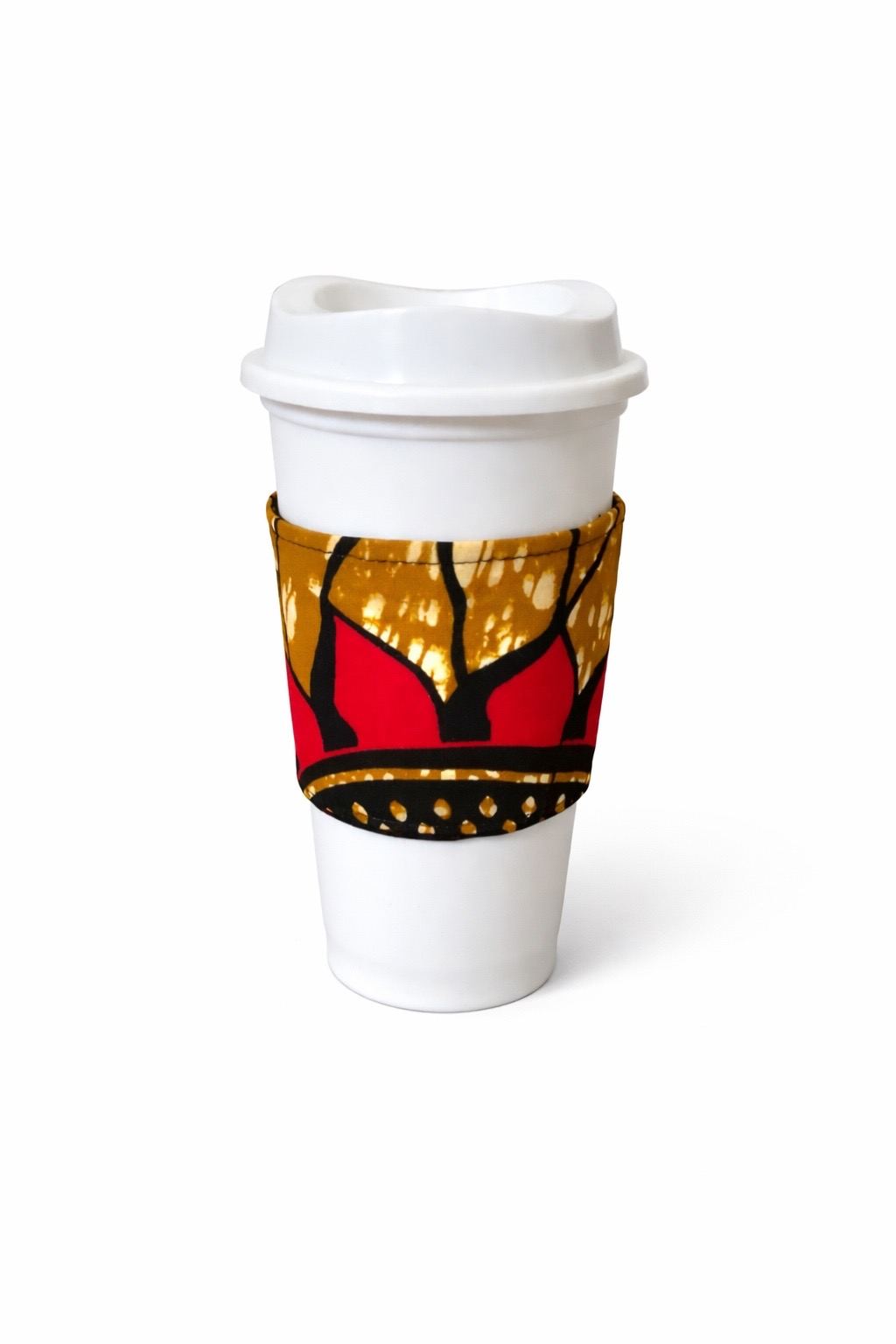 Black, red, cream, & brown African wax print cup sleeve on coffee cup