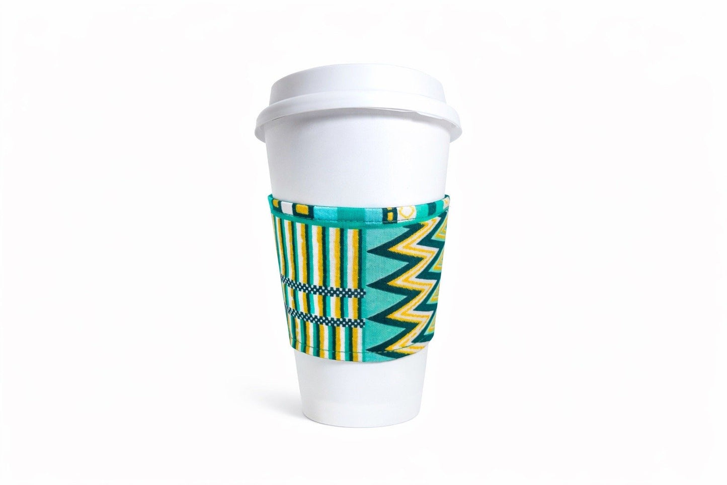 Light green, dark green, dark blue, white, & gold African wax print cup sleeve on coffee cup