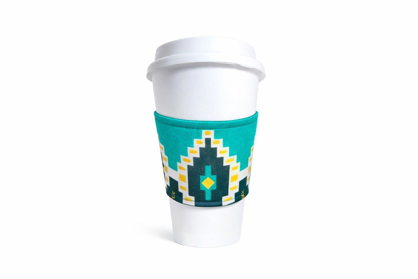 Light green, dark green, dark blue, white, & gold African wax print cup sleeve on coffee cup