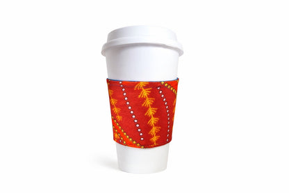 Maroon, blue, orange, black, white, & gold African wax print cup sleeve on coffee cup