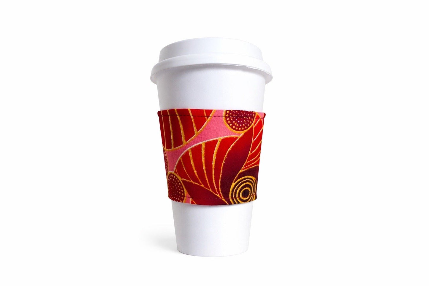 Maroon, pink, red, & gold African wax print cup sleeve on coffee cup