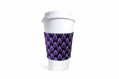 Purple and black African wax print cup sleeve on coffee cup