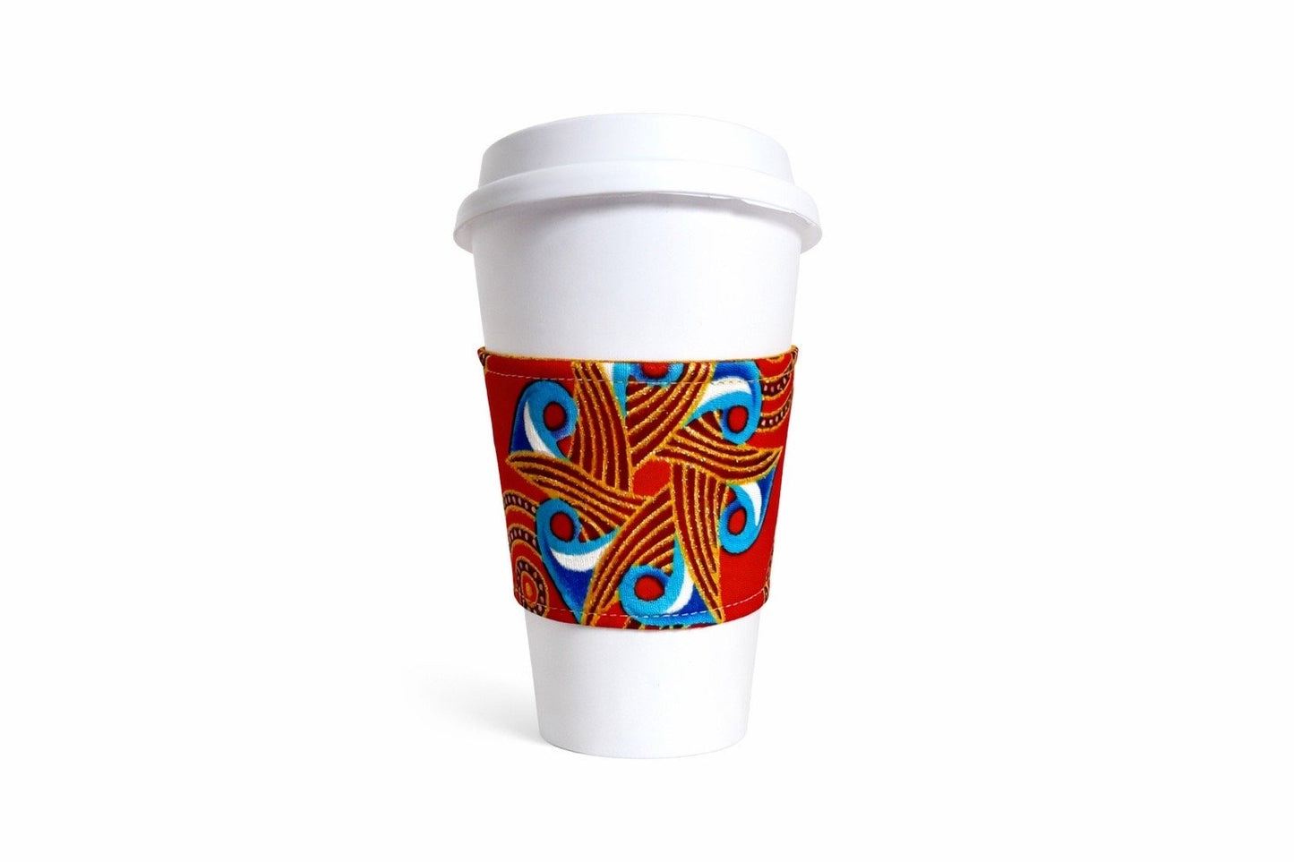 Red, blue, white, & gold African wax print cup sleeve on coffee cup