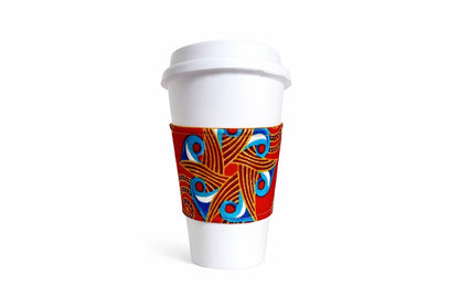 Red, blue, white, & gold African wax print cup sleeve on coffee cup
