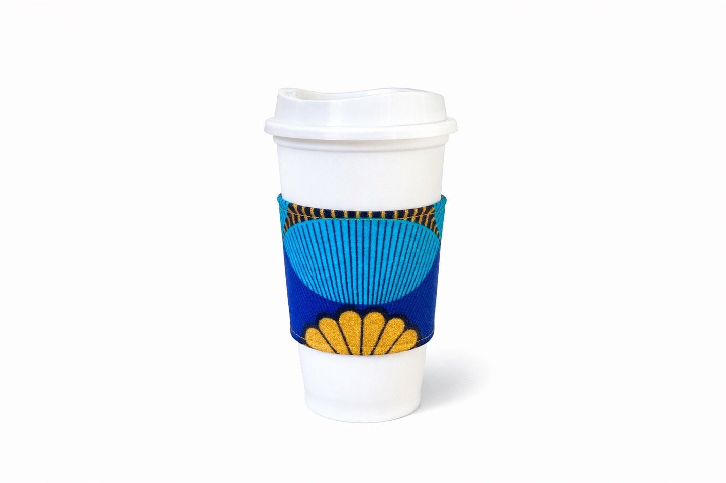 Royal blue, turquoise, black, & gold African wax print cup sleeve on coffee cup