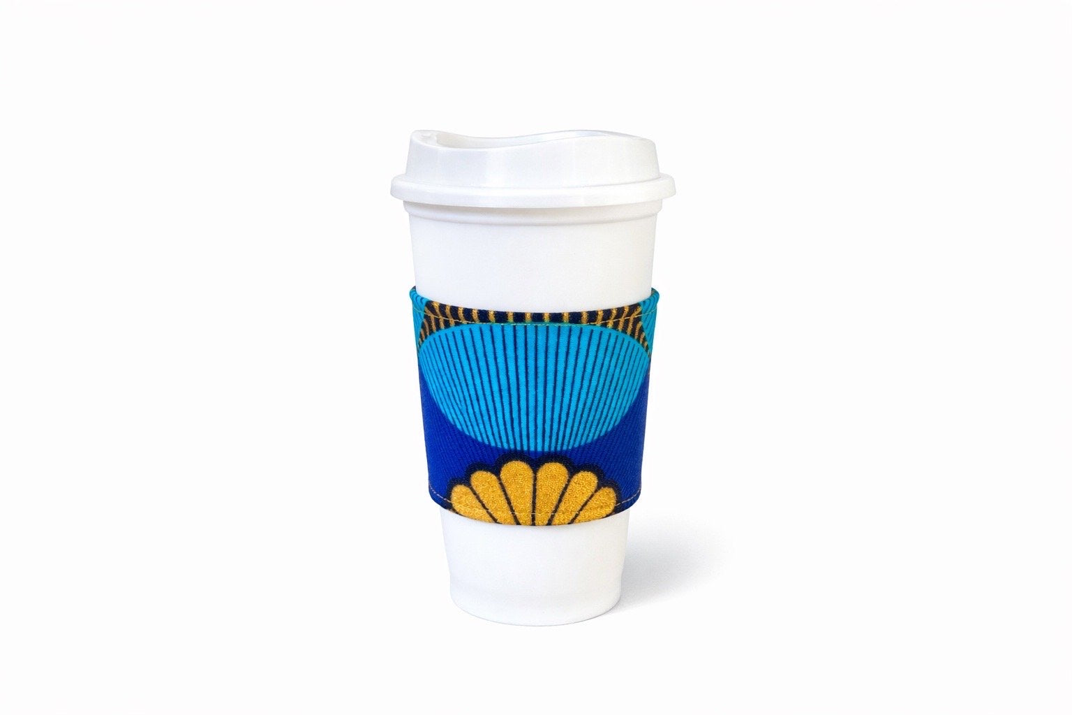 Royal blue, turquoise, black, & gold African wax print cup sleeve on coffee cup