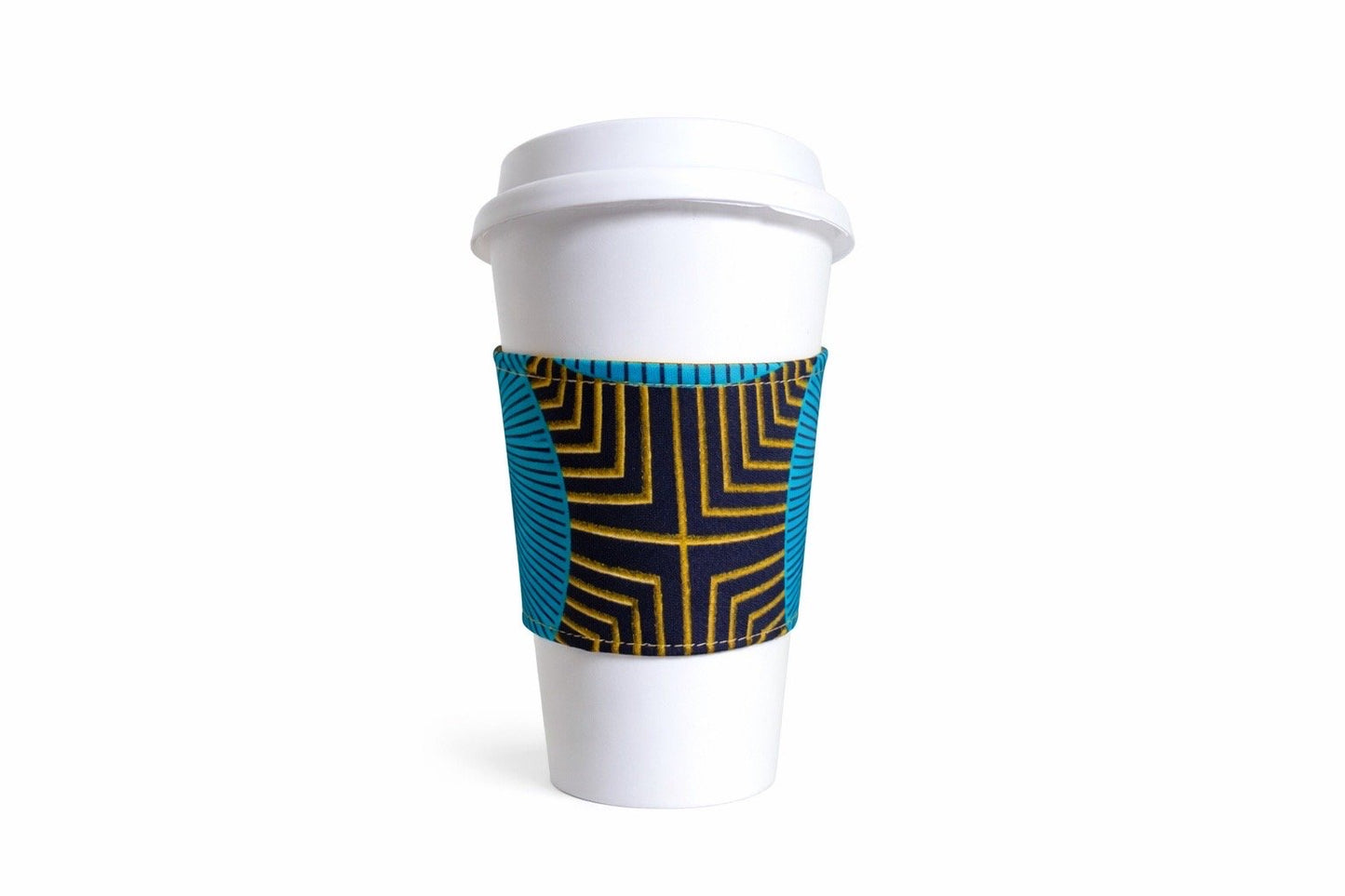 Turquoise, royal blue, black & gold African wax print cup sleeve on coffee cup