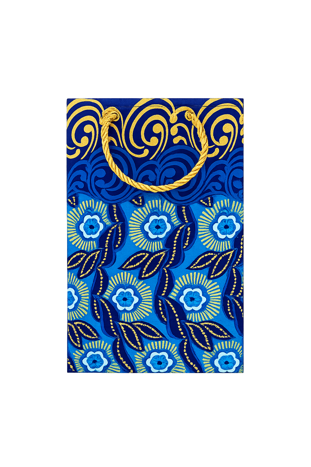 Decorative fabric with blue, white and gold pattern on a white background