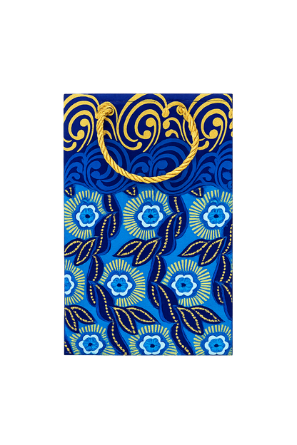 Decorative fabric with blue, white and gold pattern on a white background