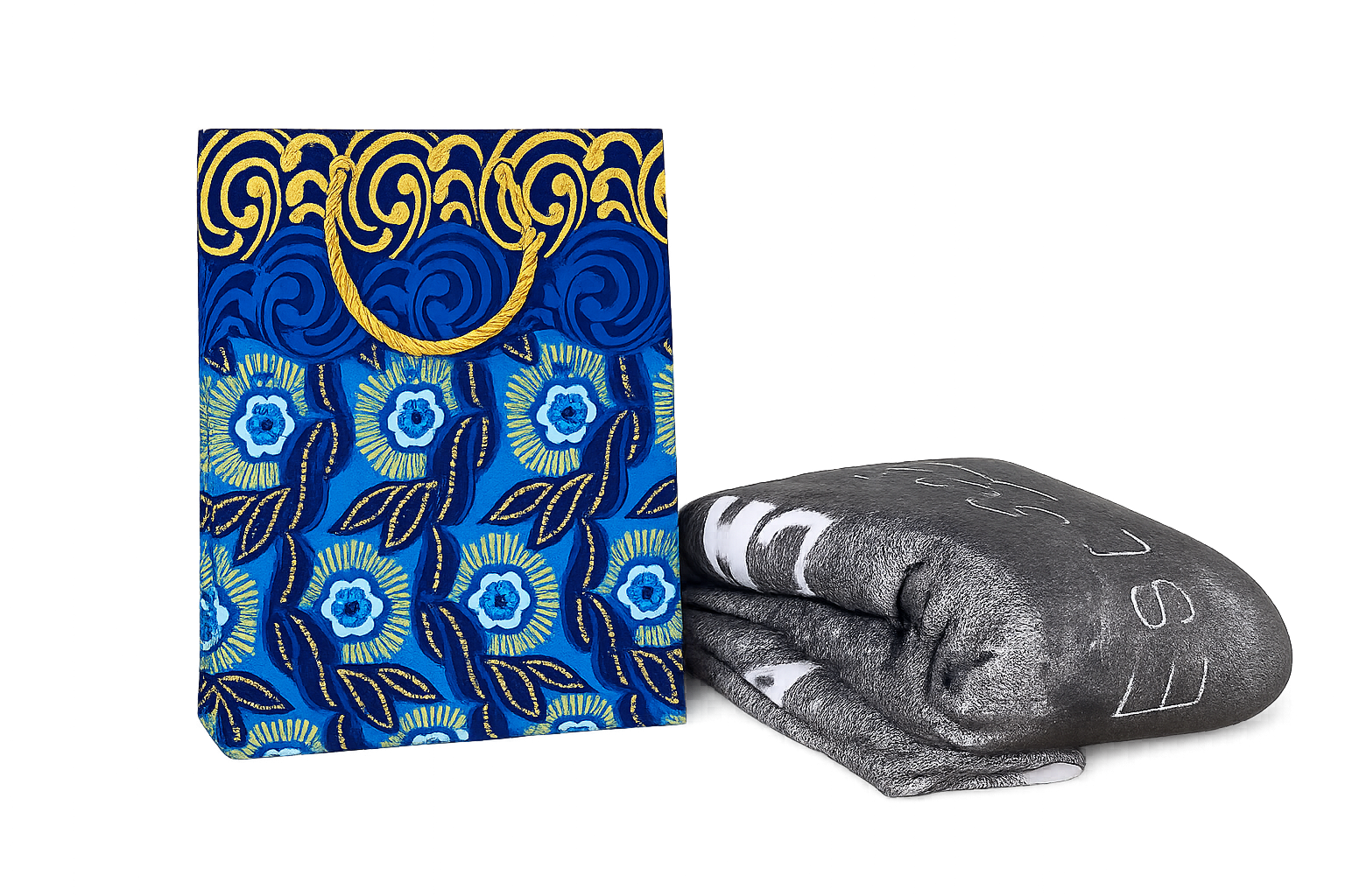 Blue, white, and gold floral-patterned gift bag and gray blanket with text on a white background