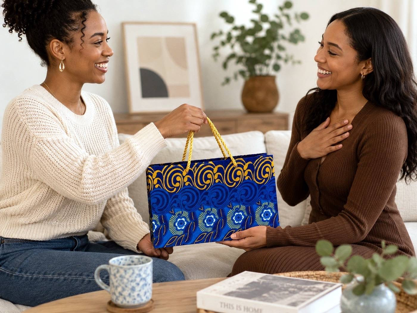 Two women sitting on a couch with one gifting a blue, dark blue, white and gold patterned bag.