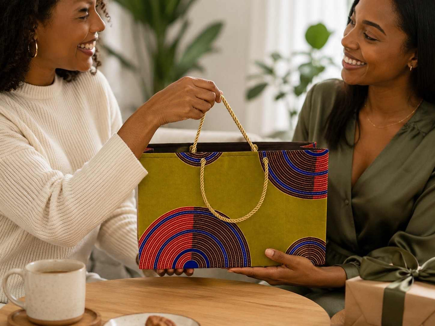 Two women at a table with a colorful green, dark brown, blue, red, and gold handbag and a cup of coffee.