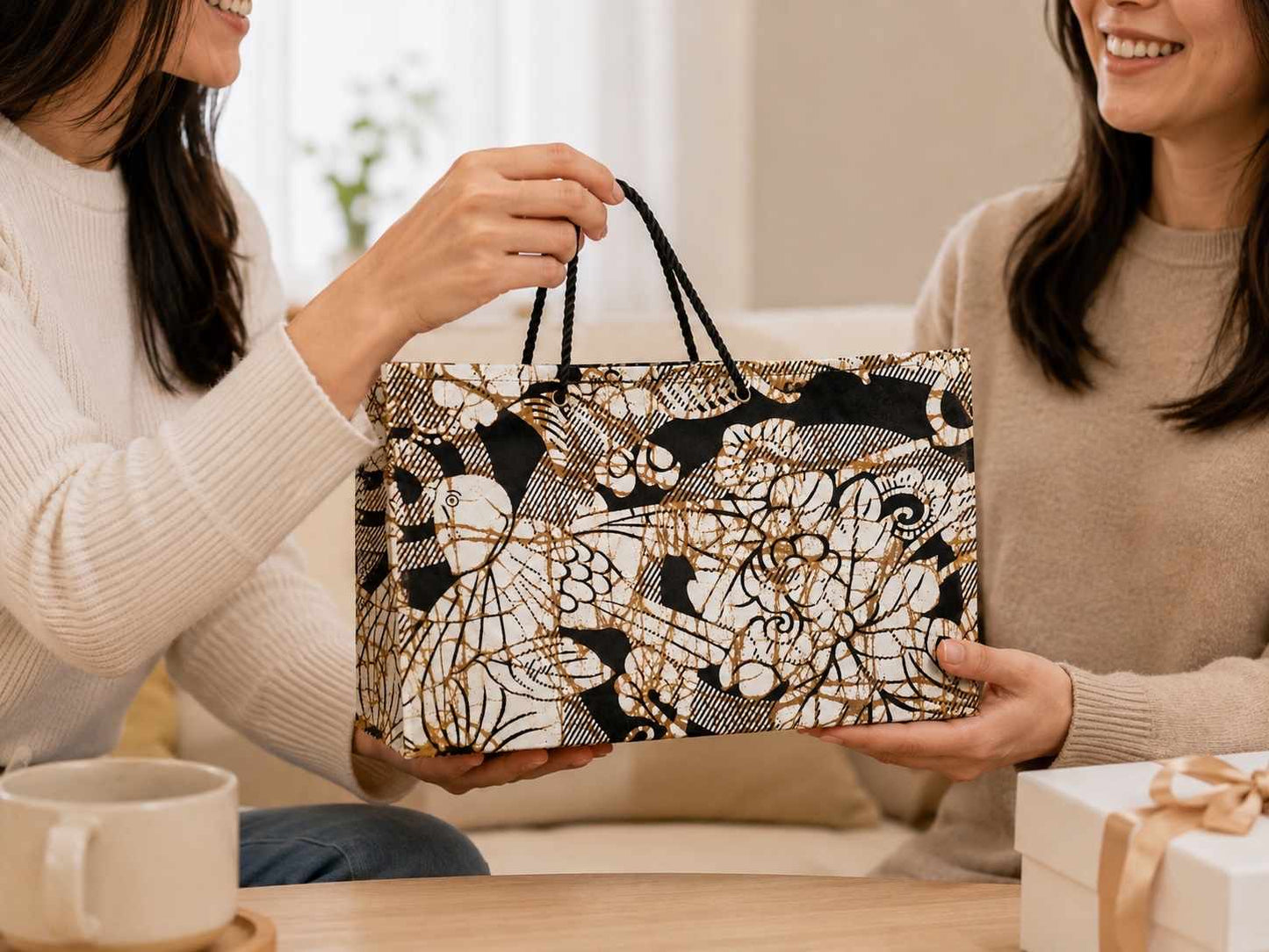 Two women holding a cream, black, and gold decorative bag with intricate patterns in a cozy indoor setting.