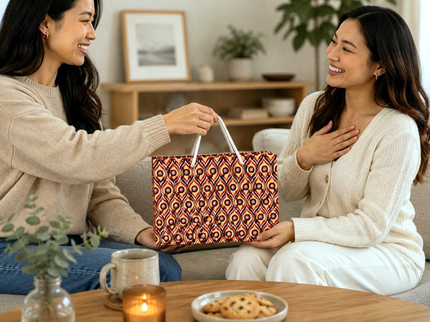 Two women sitting at a table with a cream, red, deep purple, and white patterned gift bag, smiling and interacting.