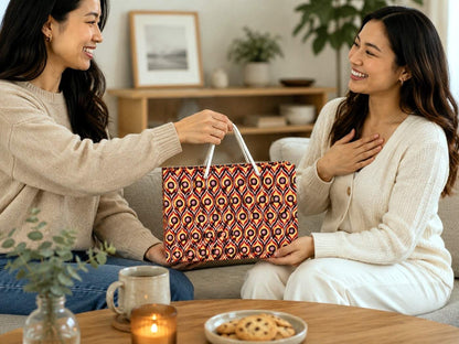 Two women sitting at a table with a cream, red, deep purple, and white patterned gift bag, smiling and interacting.
