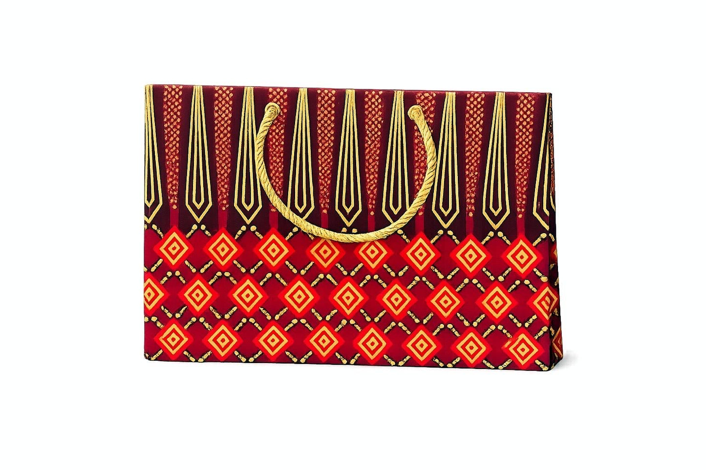 Horizontal gift bag with maroon, red and gold pattern on a white background