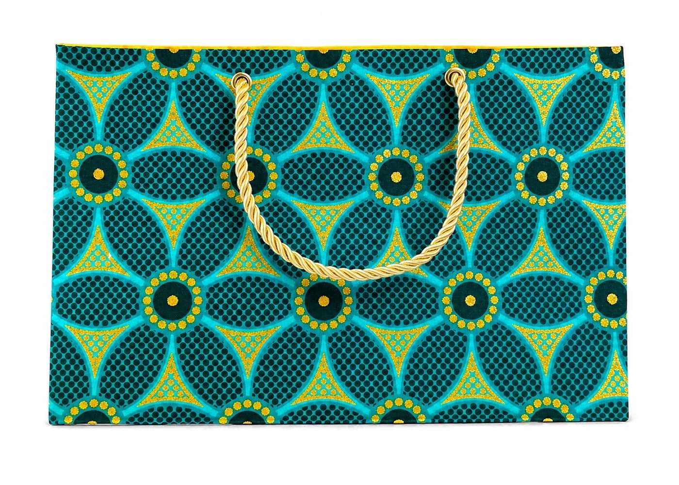 Green, dark green, and gold decorative bag with gold handle on a white background
