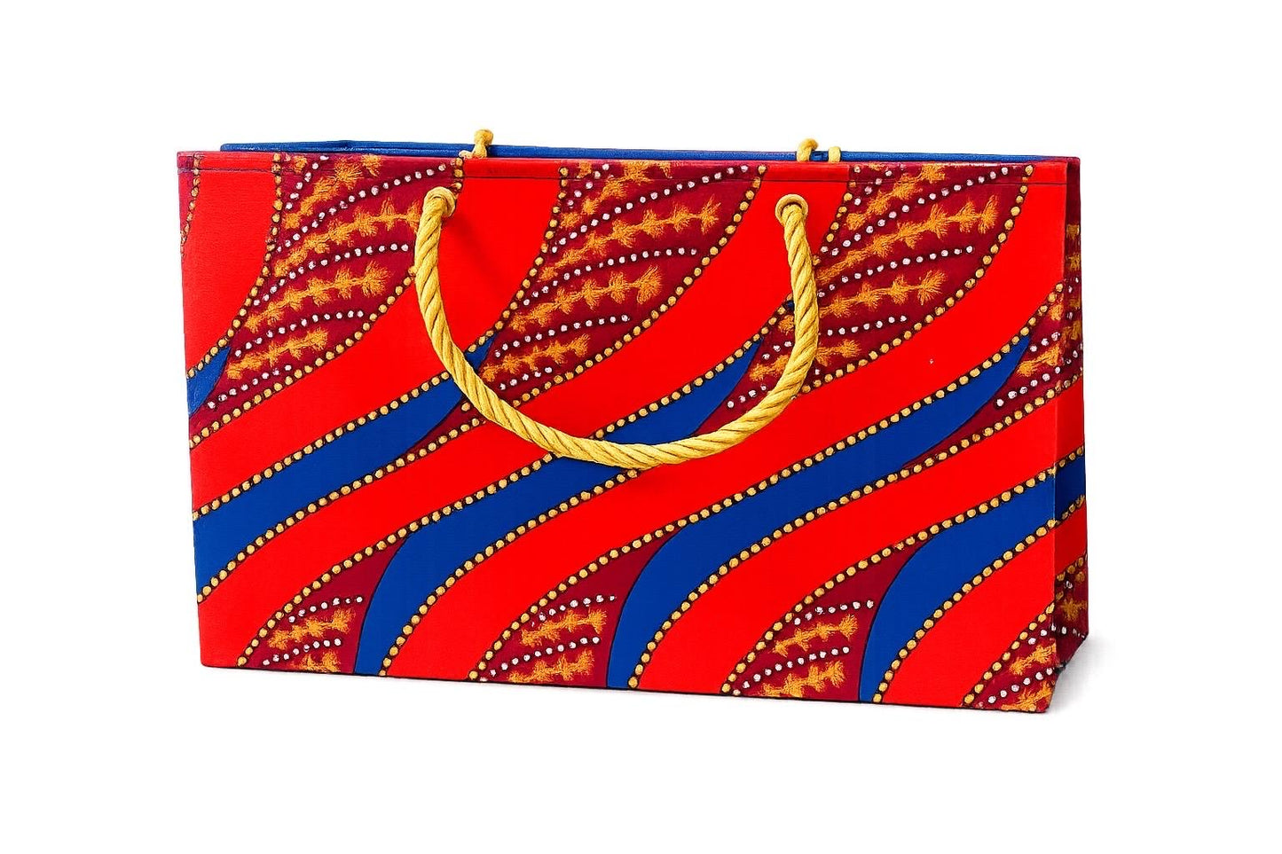 Colorful gift bag with orange, maroon, blue, and gold pattern on a white background