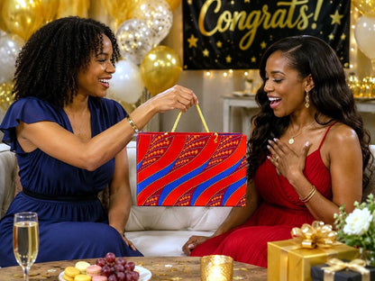 Two women at a celebratory event with balloons and 'Congrats!' banner, one handing over a colorful orange, red, blue, and gold gift bag.