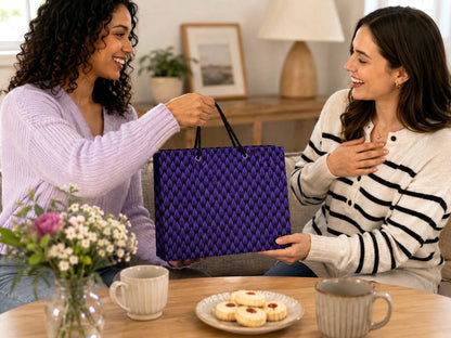 Two women exchanging a purple and black gift bag in a cozy living room setting.