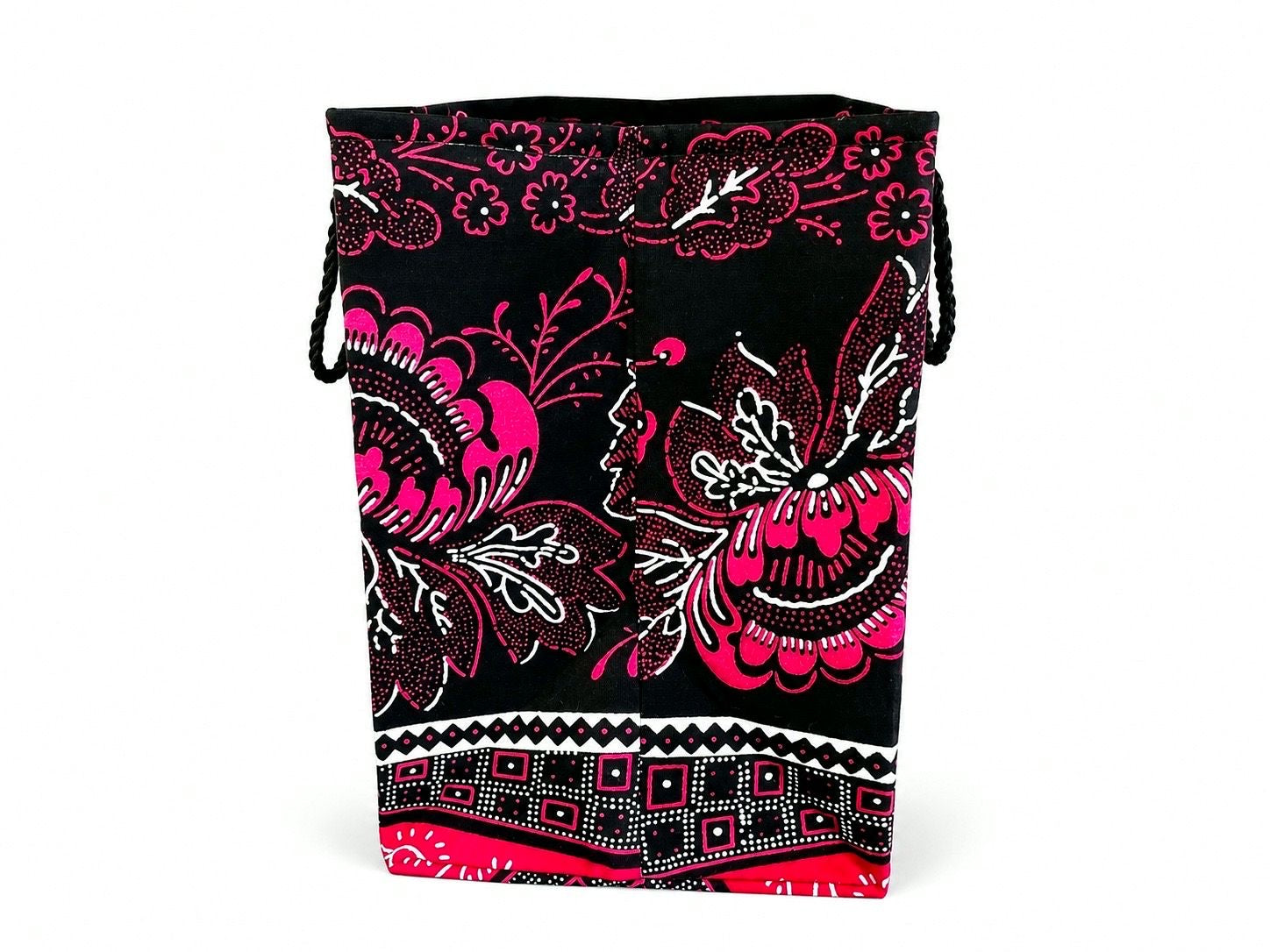 Side view of black, fuchsia, and white bag with pink floral and butterfly pattern on a white background