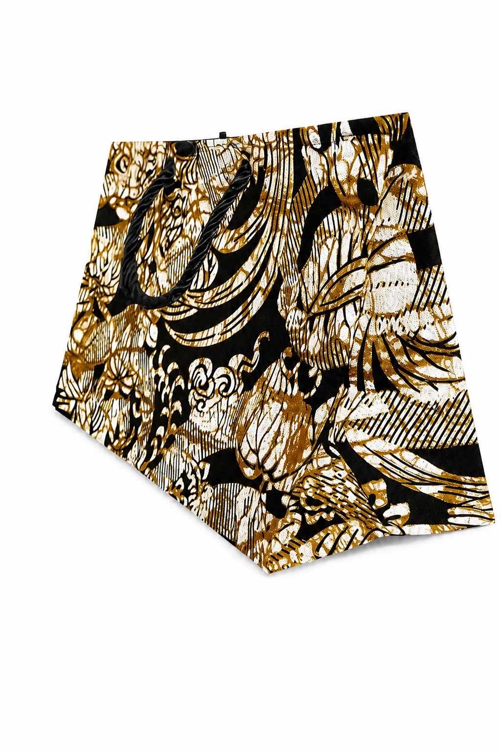 Side view of a cream, black, and gold bag with black and gold accents on a white background