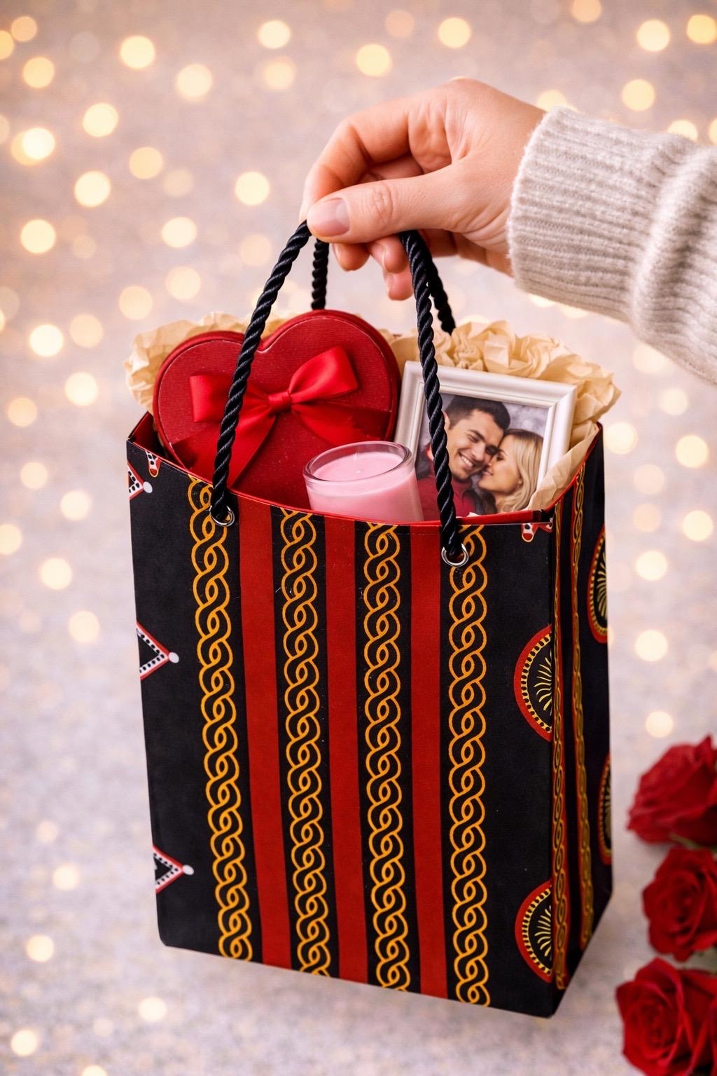 Black, red, gold, & white decorative square gift bag with a box of chocolates, photo frame, and pink candle against a blurred light background