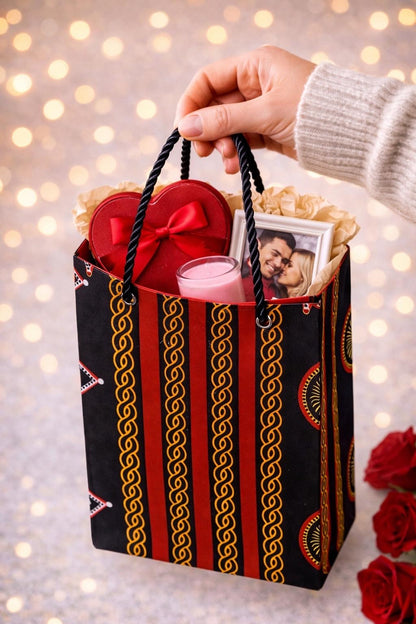 Black, red, gold, & white decorative square gift bag with a box of chocolates, photo frame, and pink candle against a blurred light background