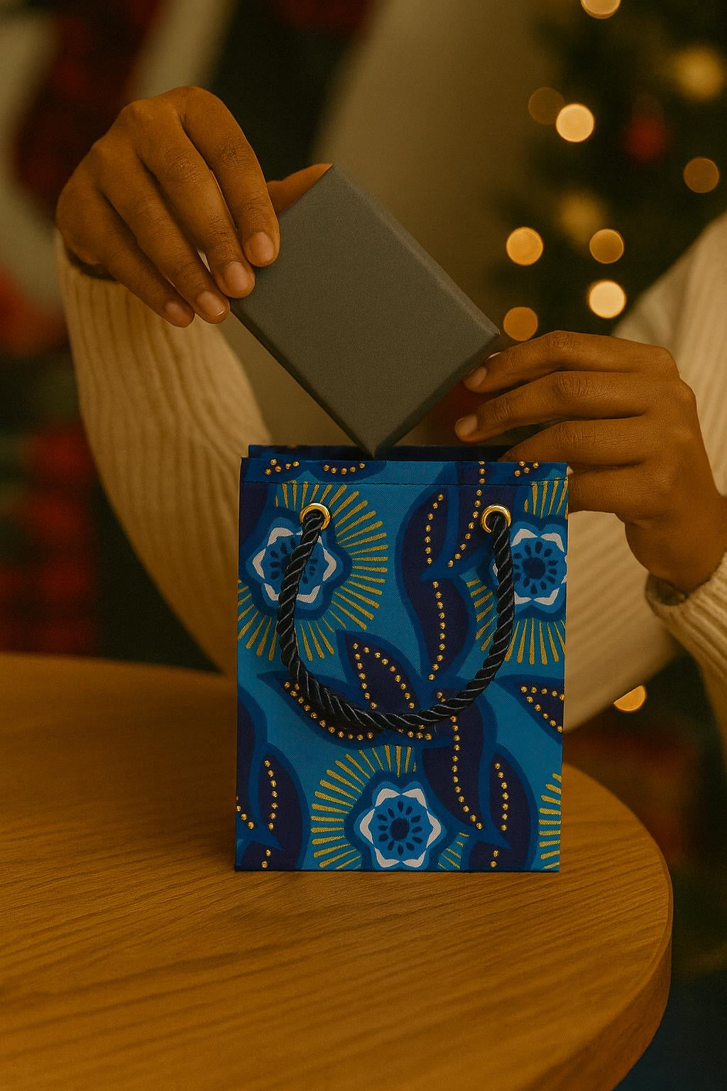Person opening a blue, dark blue, white & gold gift bag with decorative patterns on a wooden surface.