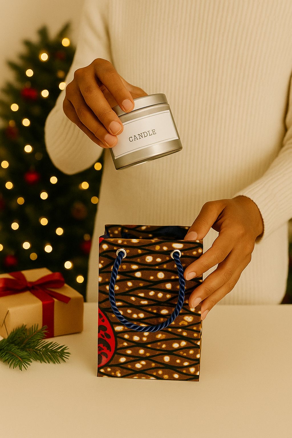 Person placing a candle in a dark blue, dark brown, cream, & maroon gift bag with Christmas decorations in the background