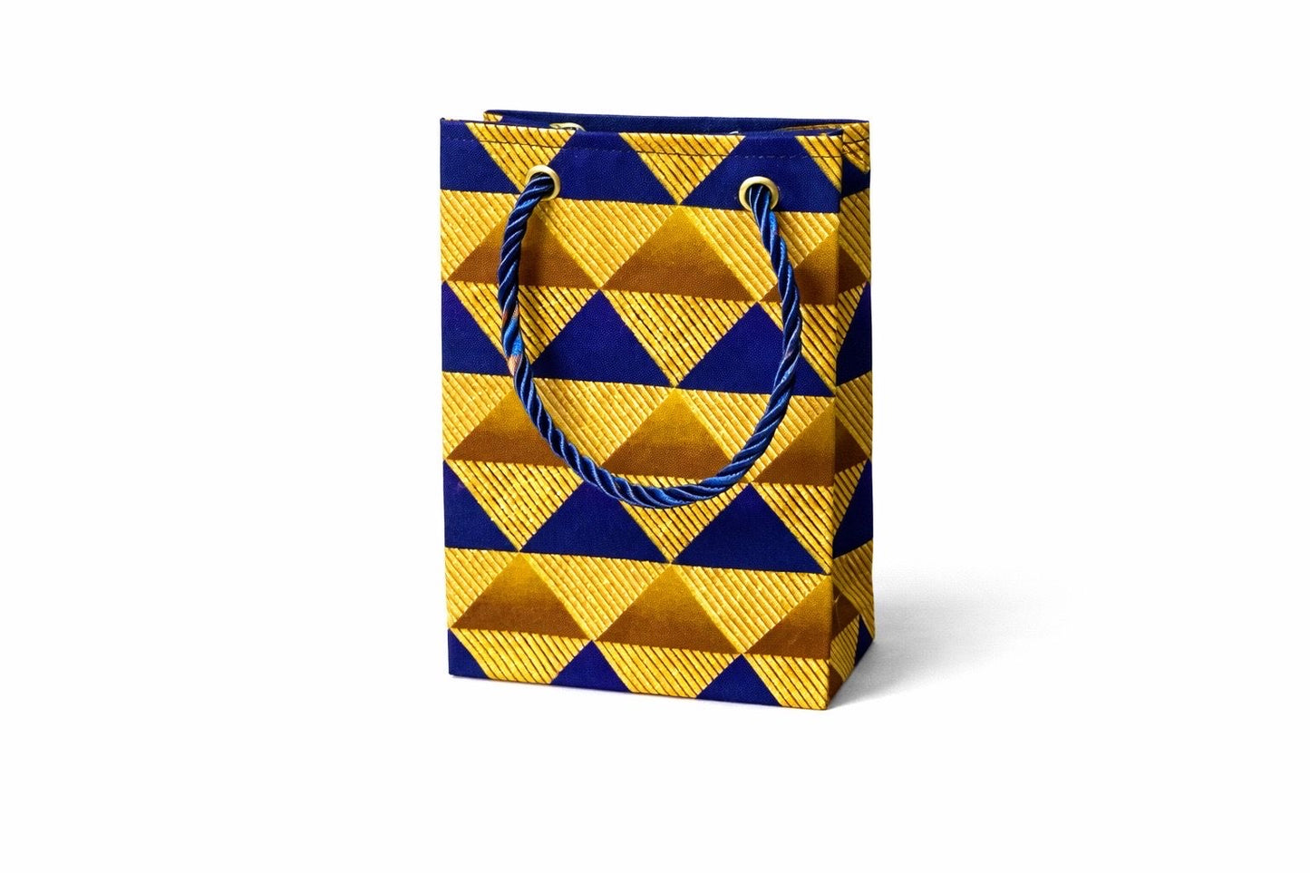Gold decorative gift bag with dark blue and brown pattern on a white background