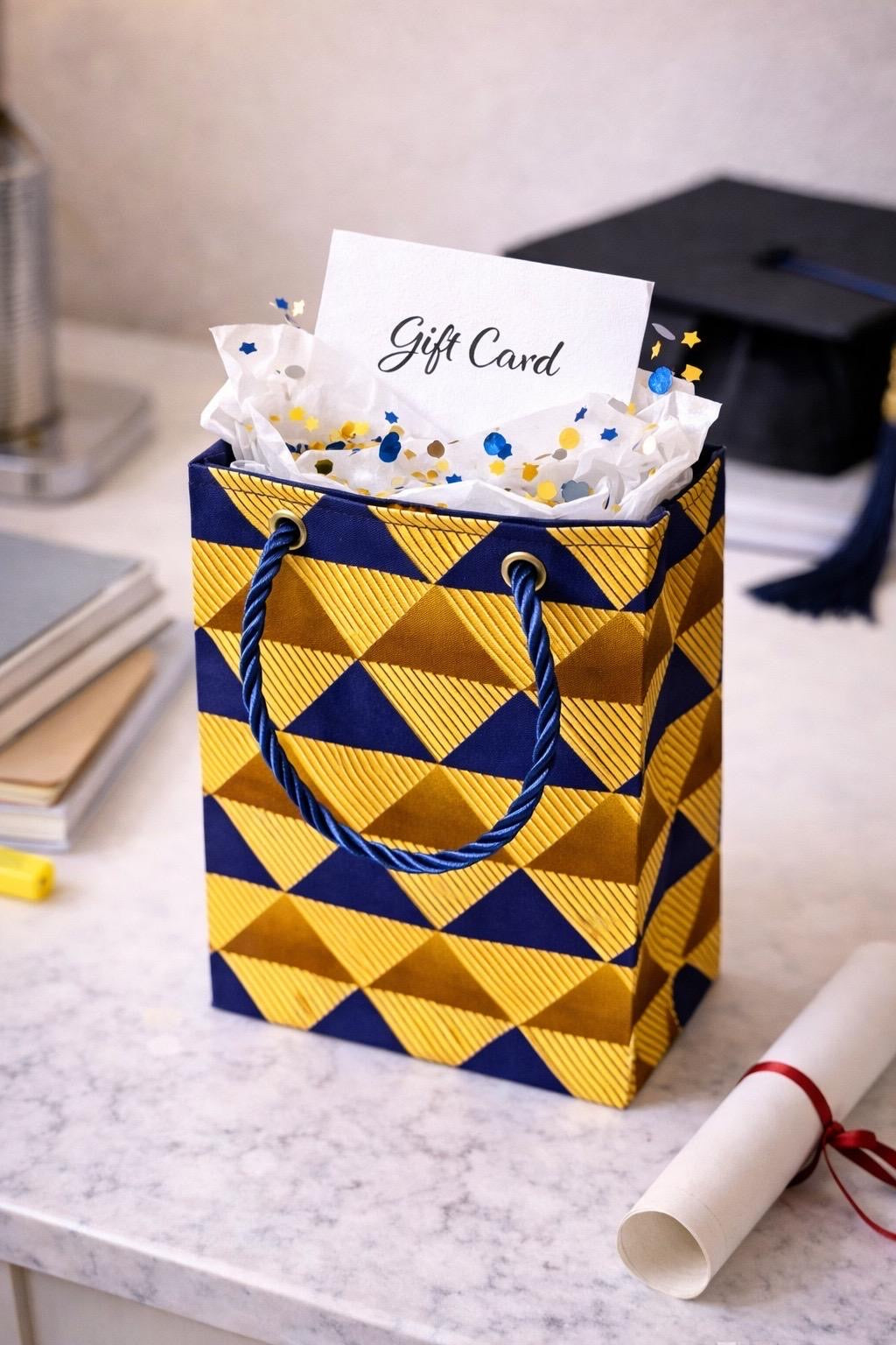 Gold, dark blue, & brown gift bag with geometric pattern, gift card, and diploma on a marble surface.
