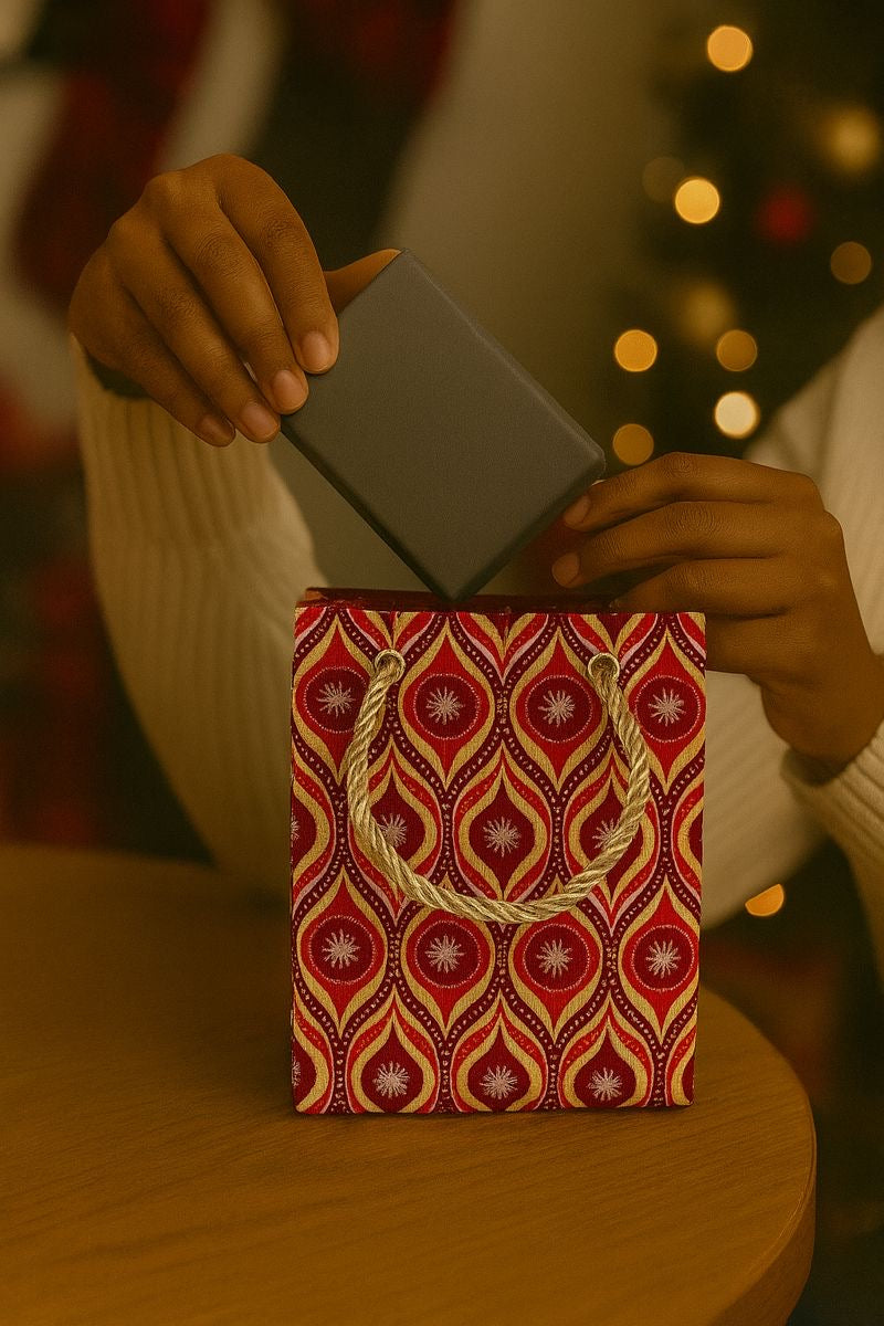 Person opening a red, maroon, beige, purple, & silver mini gift bag with a blurred festive background.