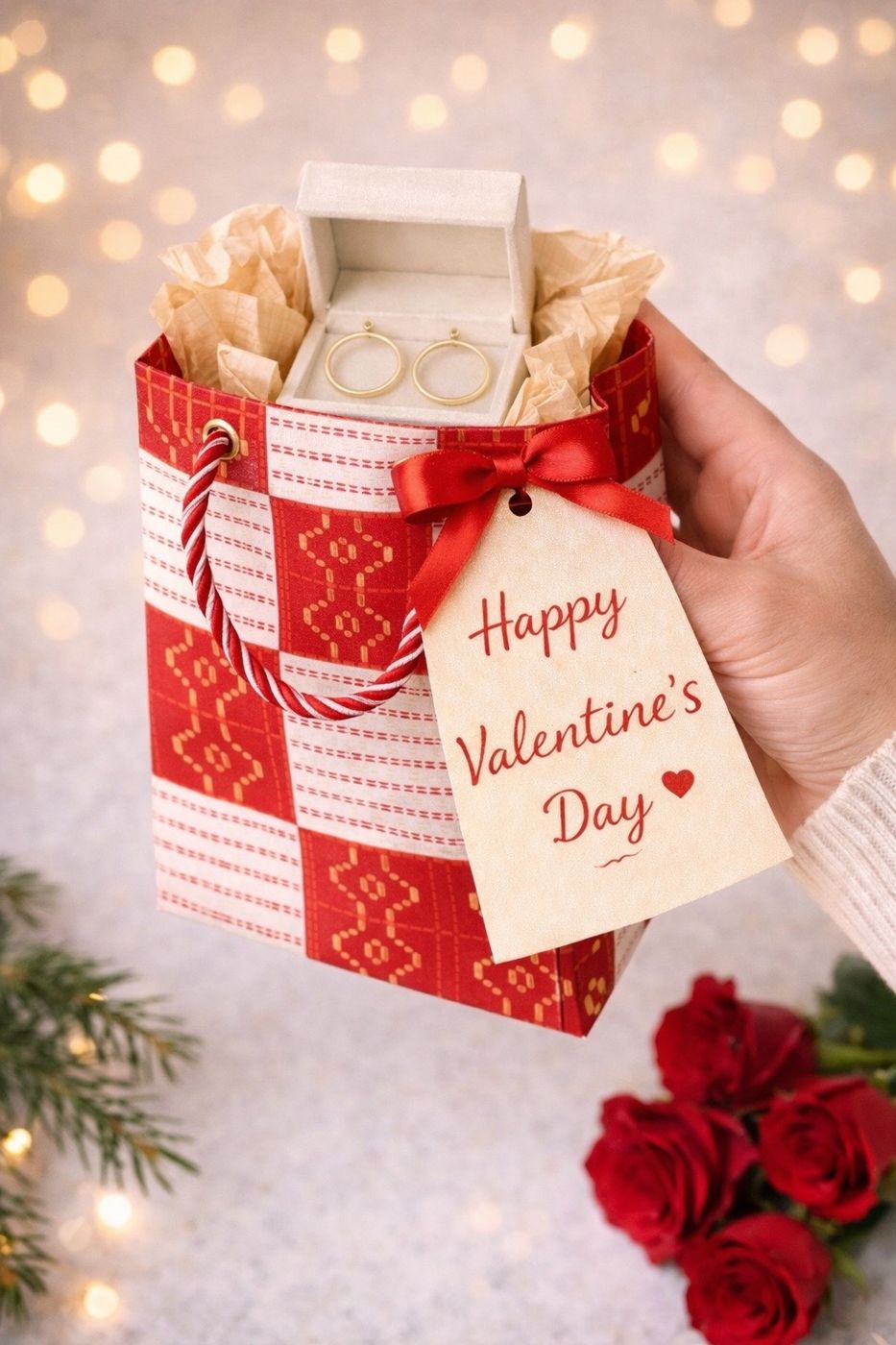 Hand holding a white, red, & gold mini gift bag with 'Happy Valentine's Day' tag, surrounded by red roses and lights.