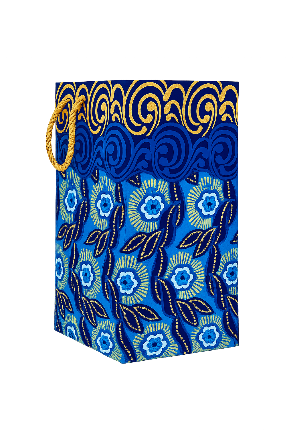 Side view of a blue decorative gift bag with white floral pattern and gold accents on a white background