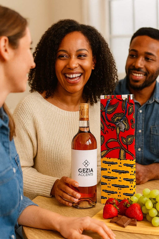 People around a table with a bottle of  wine and a decorative wine gift bag.