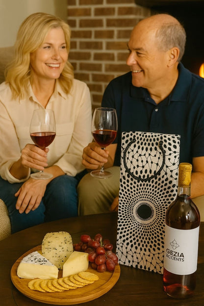 Man and woman enjoying wine and cheese at a table with a bottle of wine beside a white and black wine gift bag.