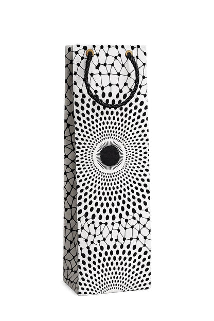 Black and white patterned gift bag with a circular design on a white background