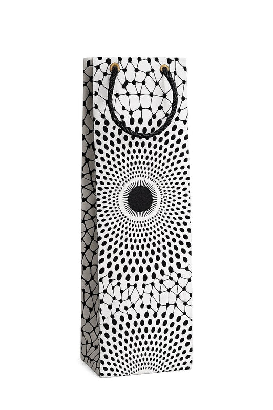 Black and white patterned gift bag with a circular design on a white background