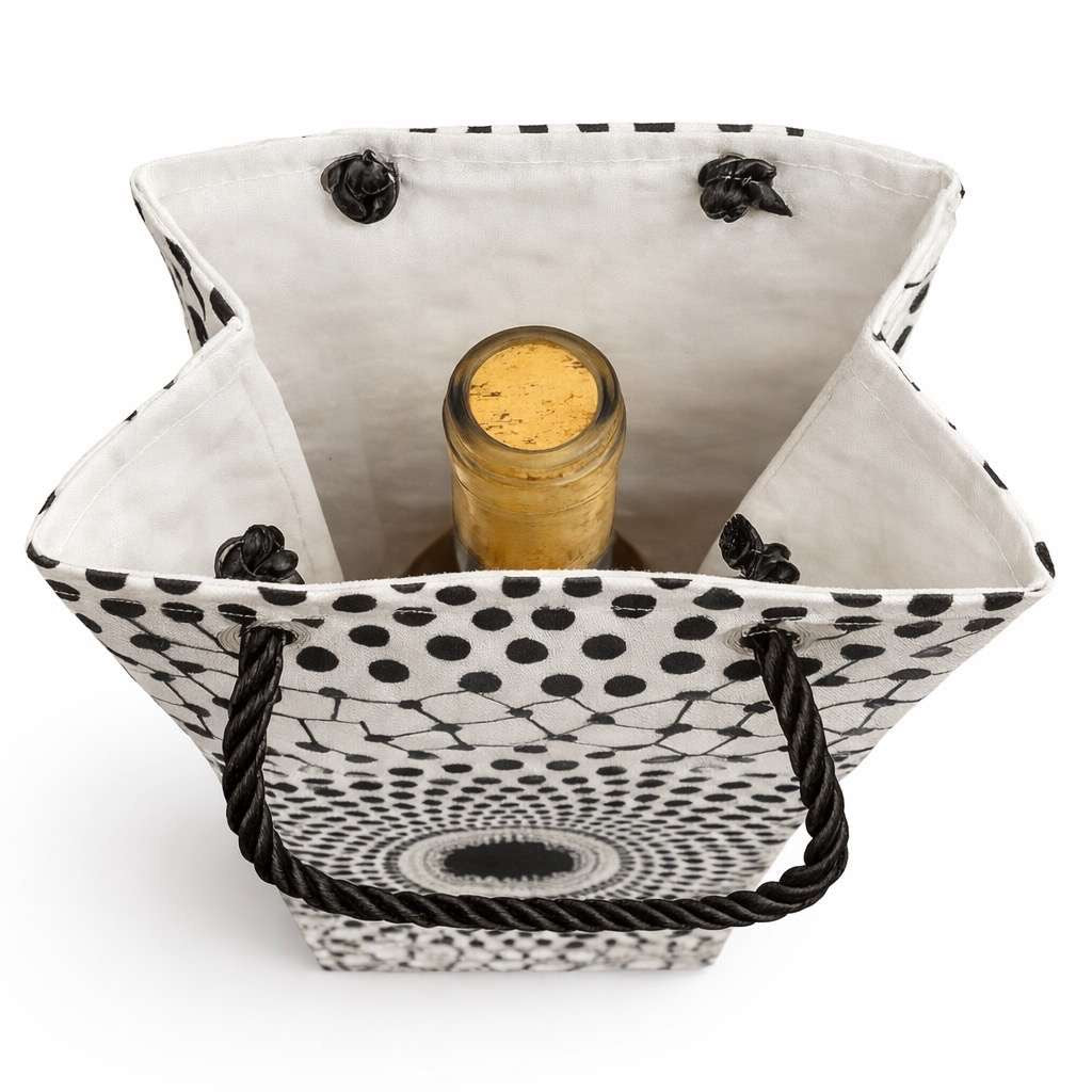 Inside view of a black and white patterned fabric wine bag with a bottle inside on a white background