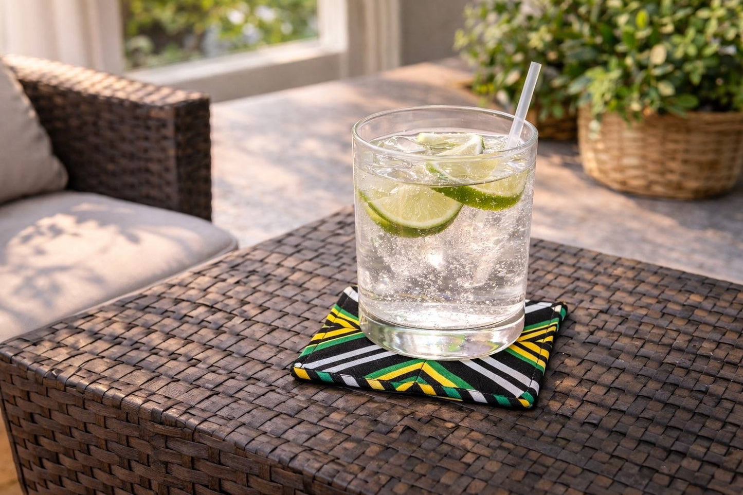 Handmade African wax print coasters lifestyle shot