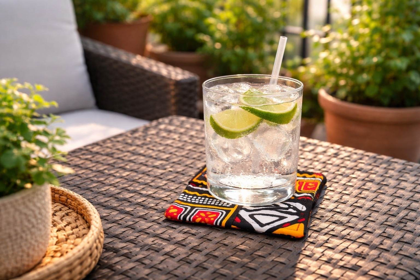 Handmade African wax print coasters lifestyle shot