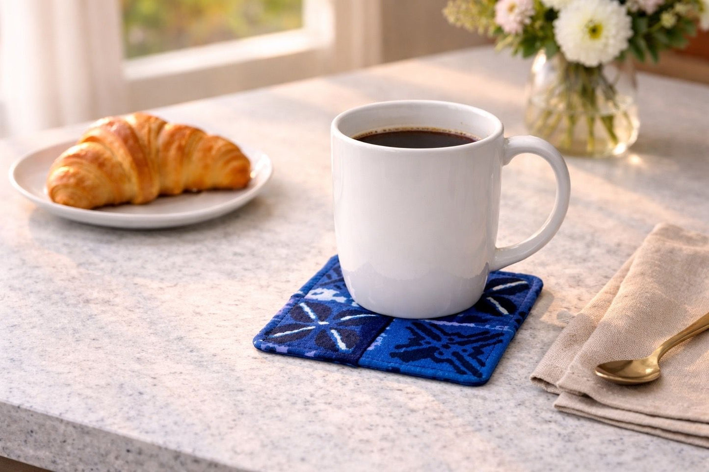 Handmade African wax print coasters lifestyle shot