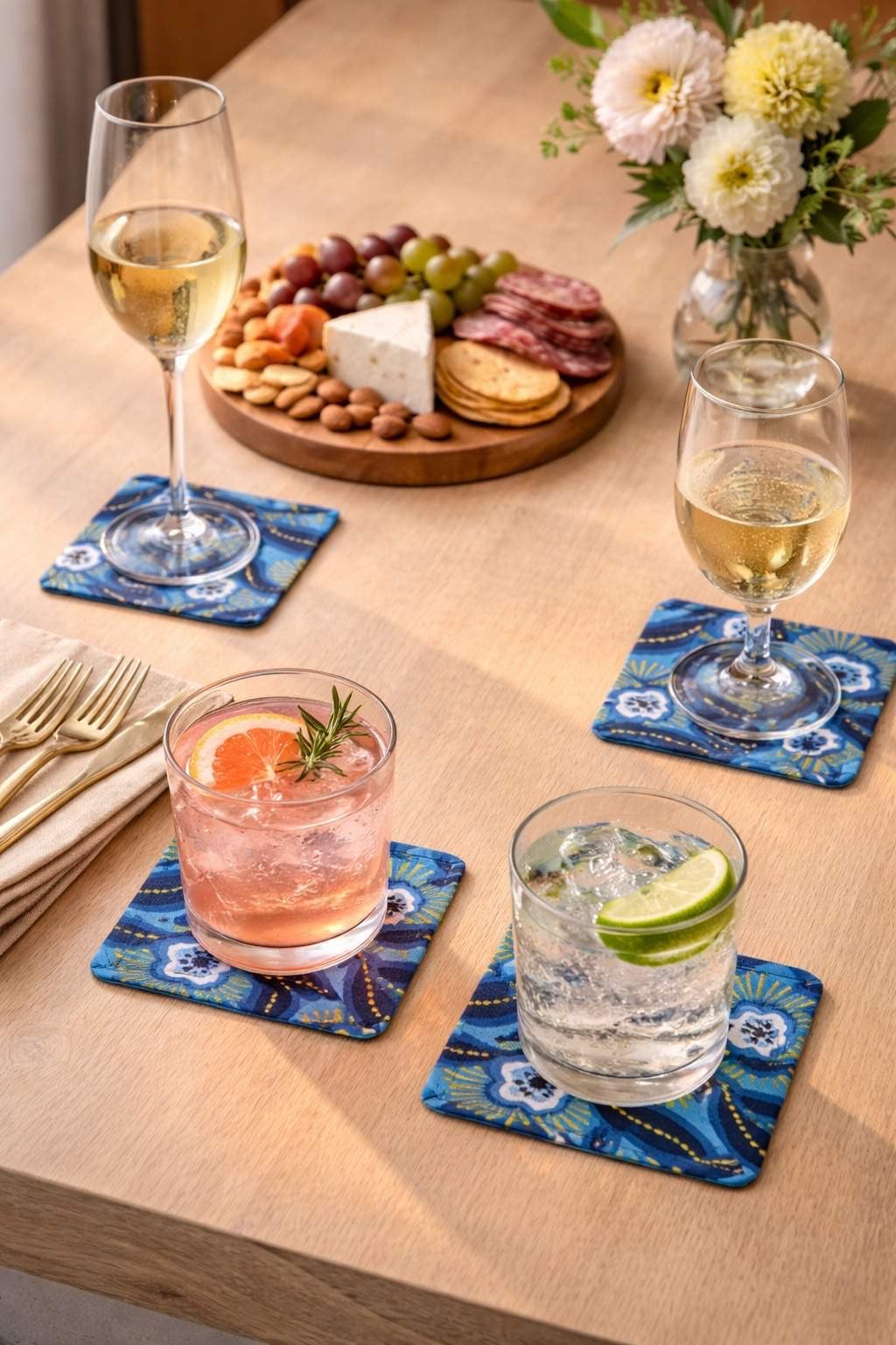 African Fabric Coasters Set of 4 - Dark Blue White Gold | Gezia