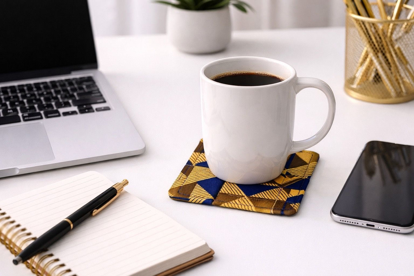 Handmade African wax print coasters lifestyle shot