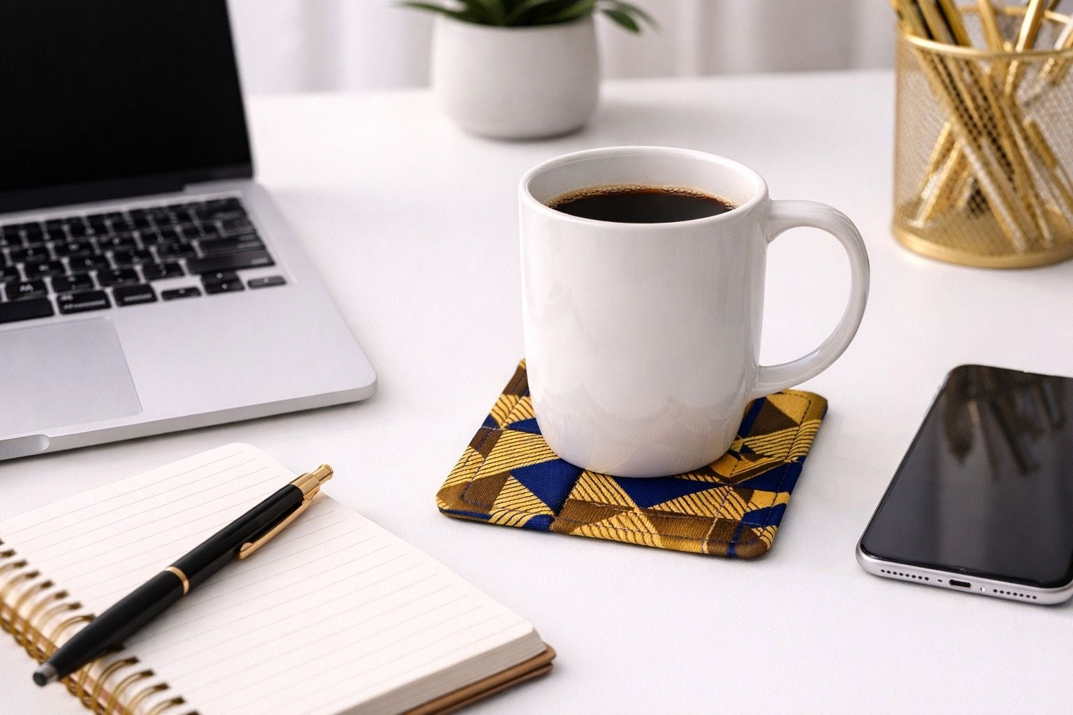 Handmade African wax print coasters lifestyle shot
