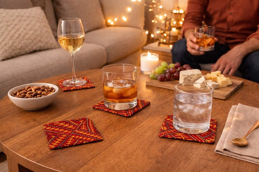Handmade African wax print coasters lifestyle shot