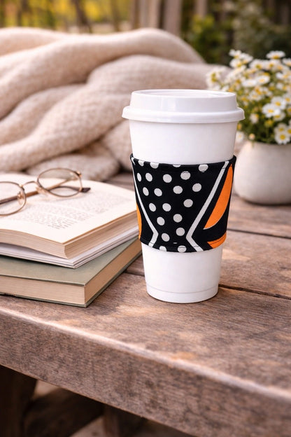 Handmade African fabric cup sleeve lifestyle shot
